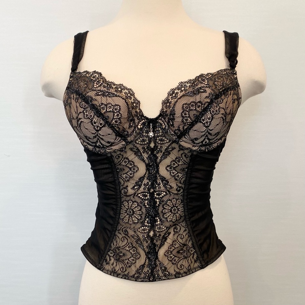 Y2K Victoria’s Secret Ruched Black Metallic Silver Bustier Corset Camisole 34B